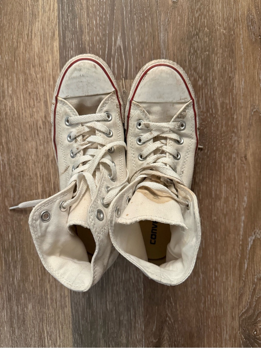 Converse Cream High-Top Sneakers with Red & Blue Stripe